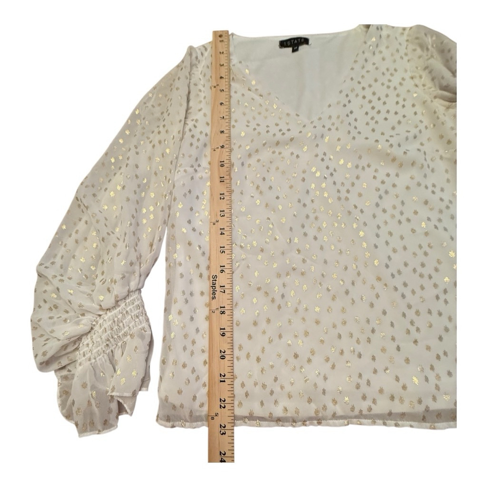 1. STATE Cream Gold Dot V-Neck Smocked Ruffle Cuff Blouse XS - Picture 9 of 10
